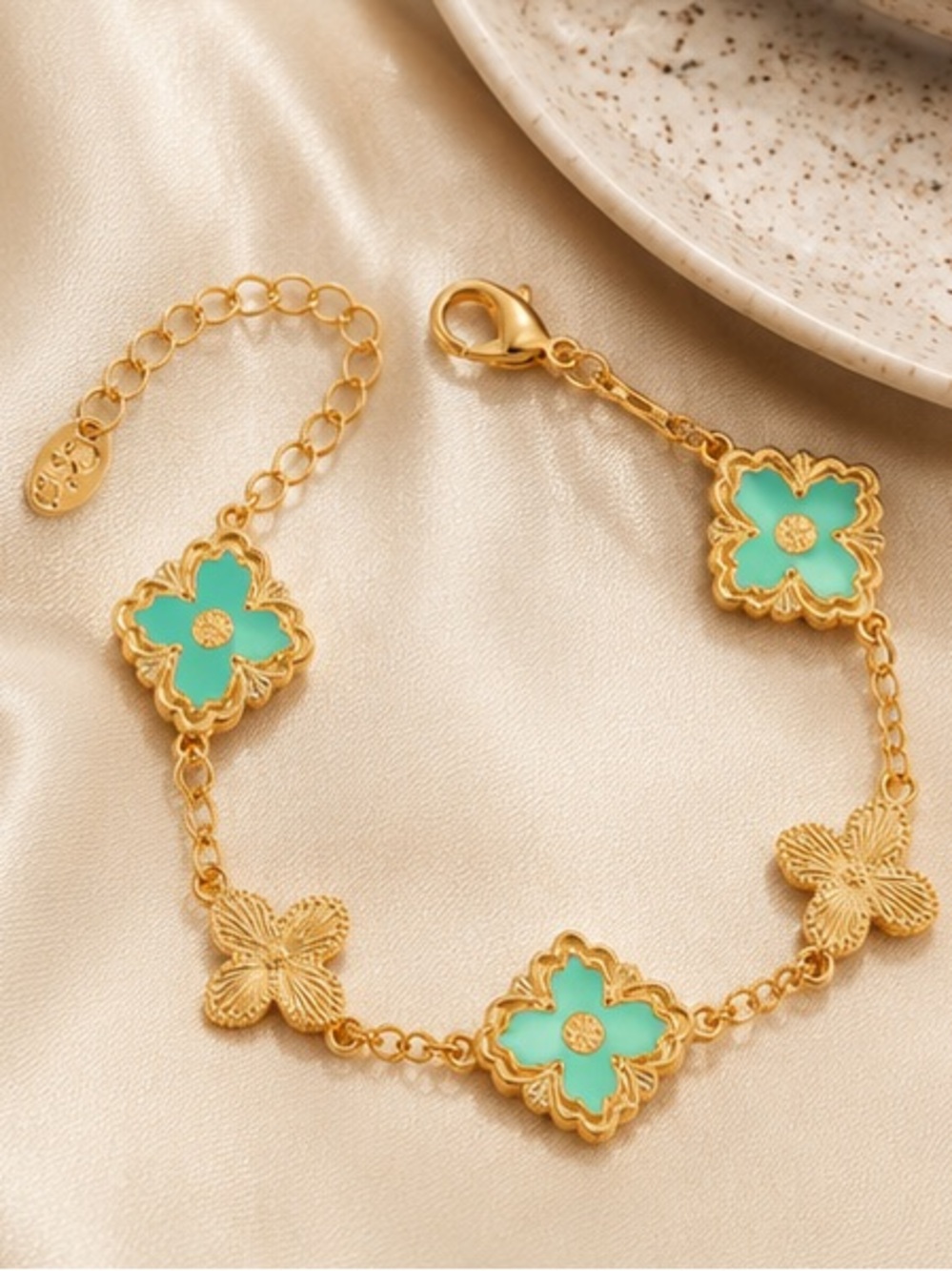 Designer Inspired Gold Turquoise Floral Clover Charm Bracelet Adjustable